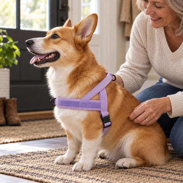 Owner kneeling beside a Corgi in a Lavender harness by the front door, with its single buckle on the rear strap