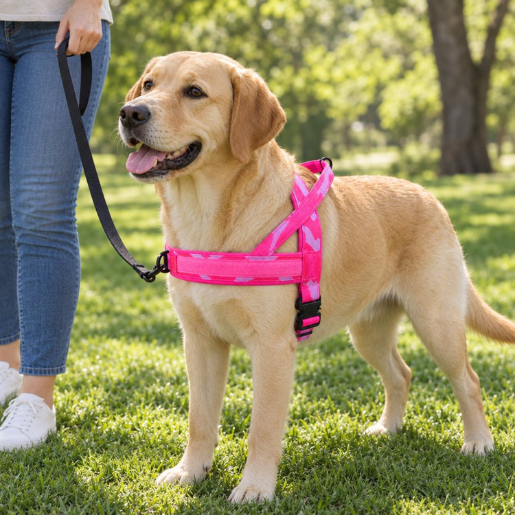 Yellow Labrador in a Pink Camo lightweight harness with the leash clipped to the front ring and held in a hand