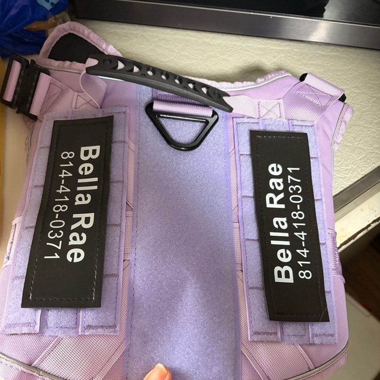 Lavender Team K9 harness held in a hand with a Bella Rae name patch on each side