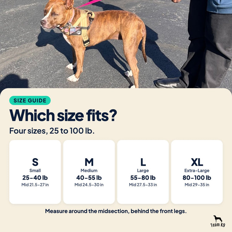 Card: Which size fits? Small 25-40 lb, Medium 40-55 lb, Large 55-80 lb, Extra-Large 80-100 lb