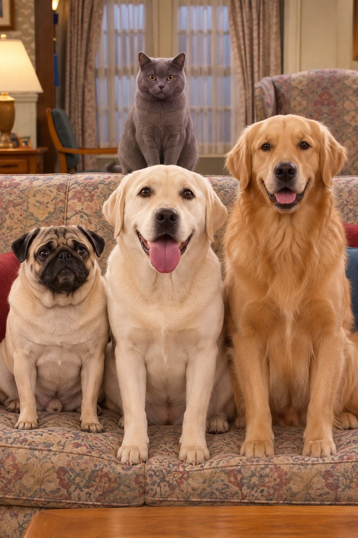 Amber sitting on the show's couch between Chief the pug and Champ the golden retriever