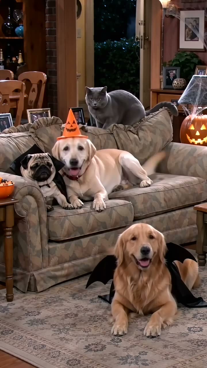 Amber in a party hat on the couch with Chief in his cape and Champ in bat wings