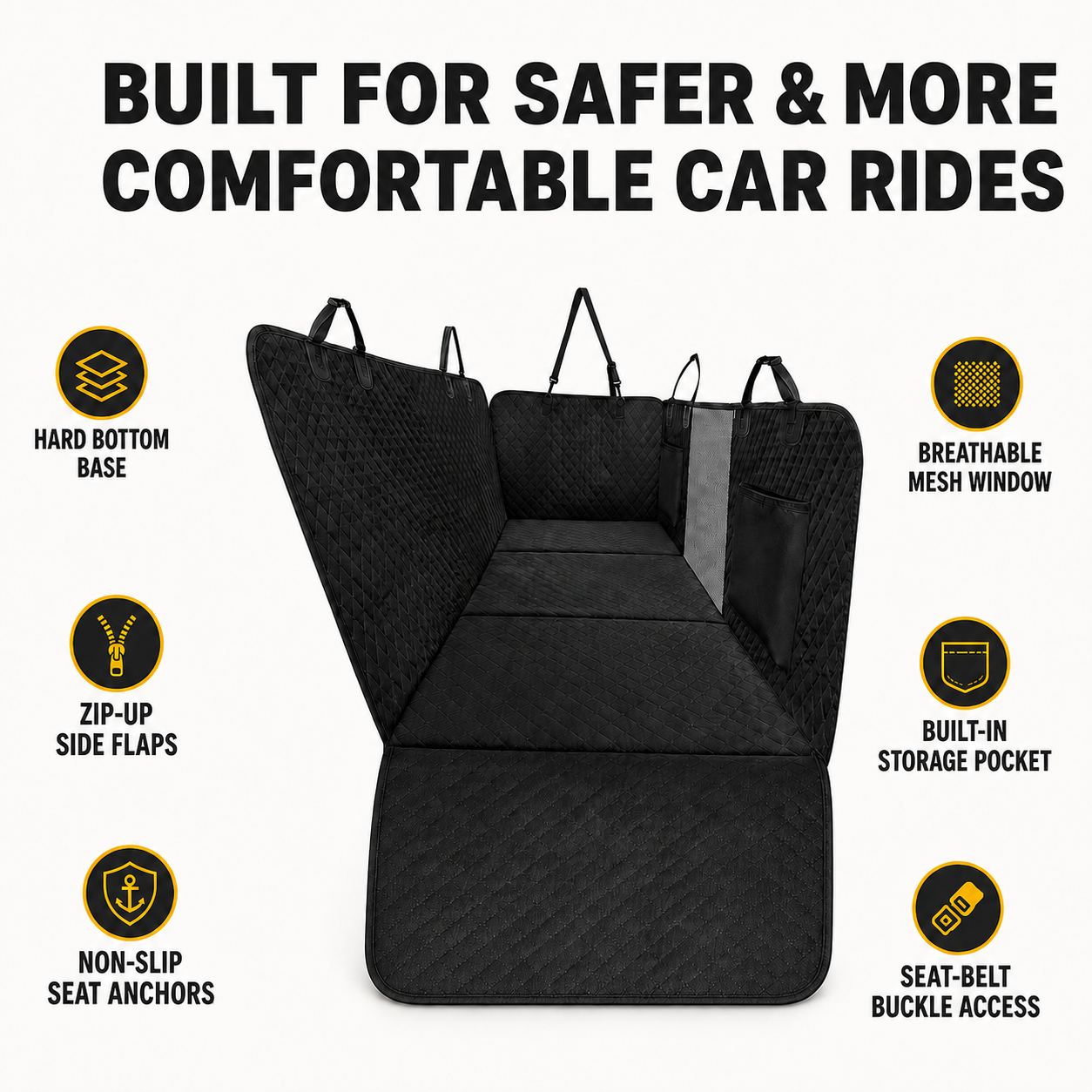 Team K9 hard-bottom back seat extender with callouts for its hard base, side flaps, mesh window, seat anchors, storage pocket, and seat-belt buckle access