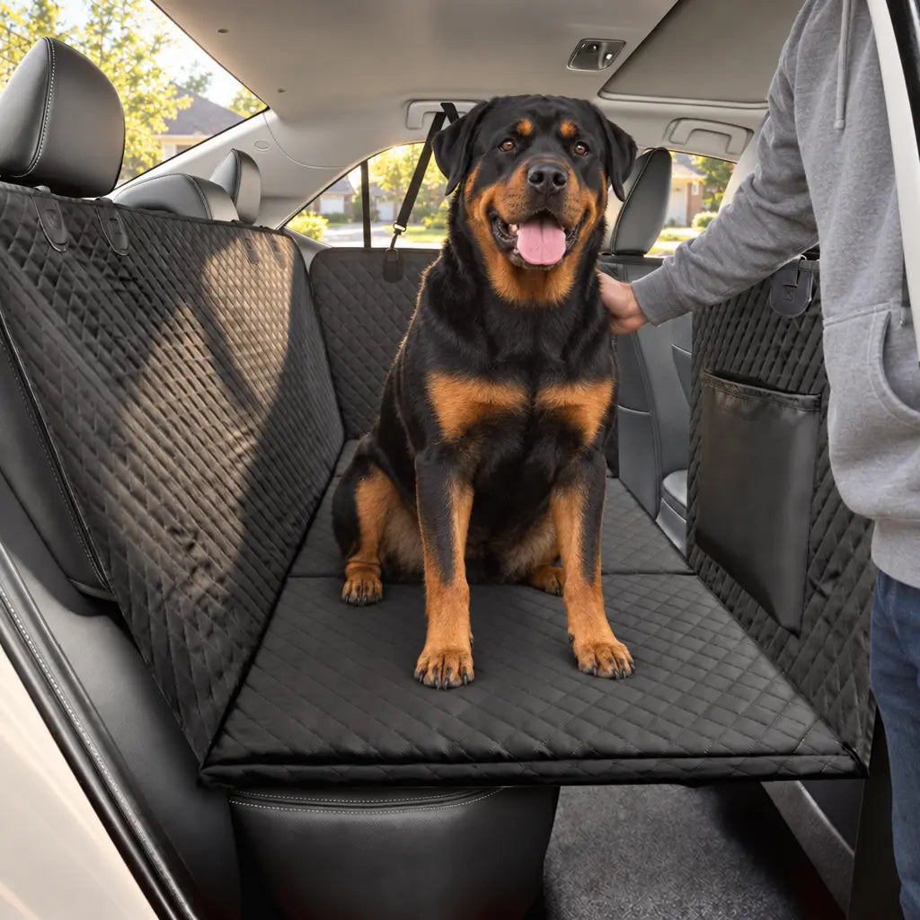 A Rottweiler sitting on a black Team K9 hard bottom seat cover in the back seat of a car