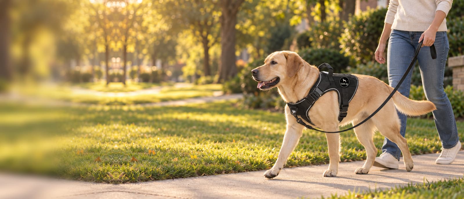 A yellow Labrador walking on a loose leash in a black Team K9 no-pull harness