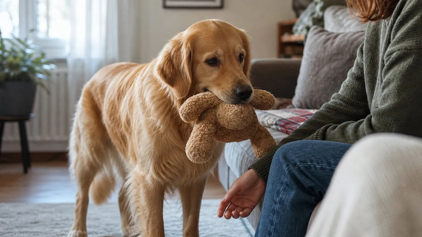 A golden retriever carrying a teddy bear to a person sitting on a sofa