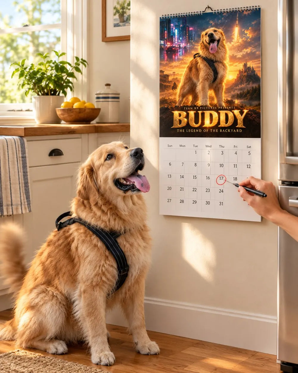 Buddy looking up at his own wall calendar