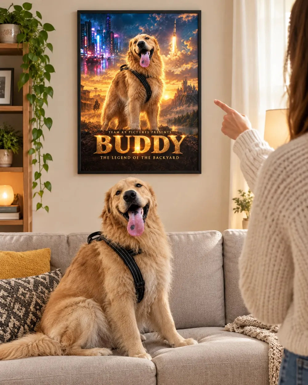 Buddy looking up at his movie poster, framed on the wall