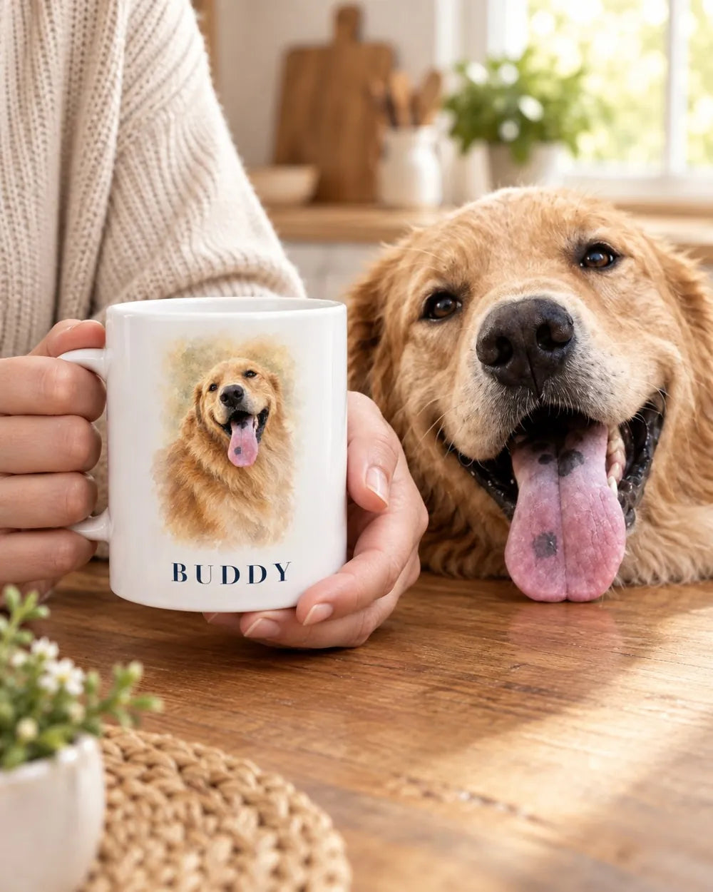 Buddy beside a mug with his portrait and name