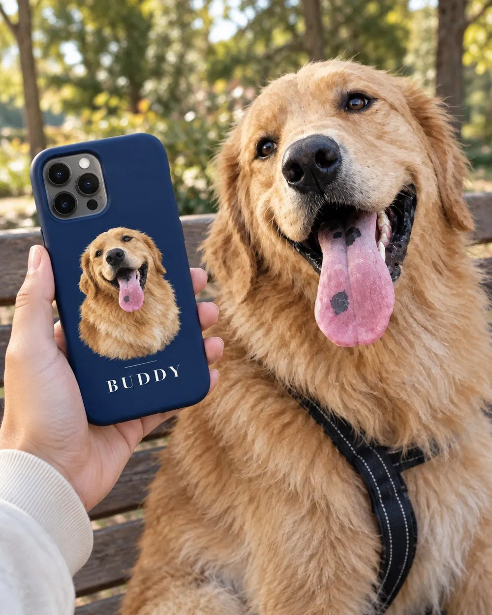 Buddy beside a phone case with his portrait