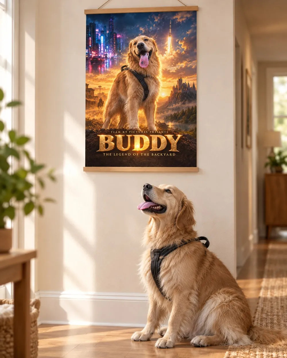 Buddy looking up at his own movie poster on the wall