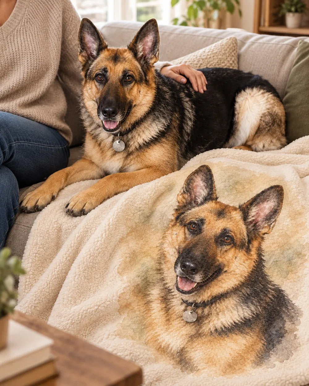 Siggi lying on a blanket printed with her portrait