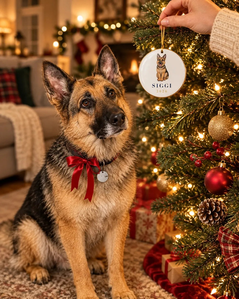Siggi under a Christmas tree looking at her ornament