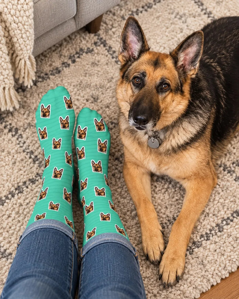 Siggi beside socks covered in her face