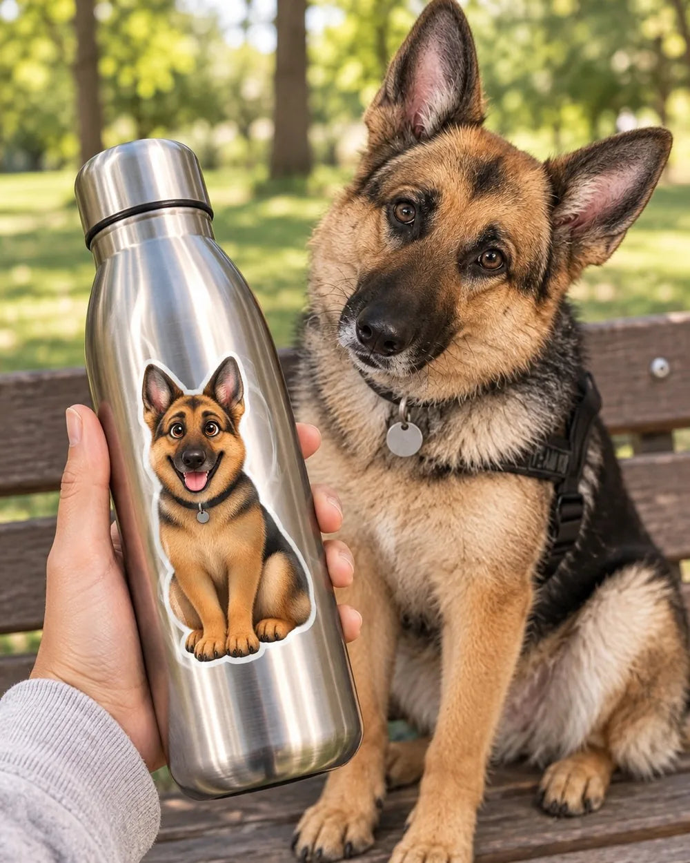 Siggi beside a water bottle with her sticker on it