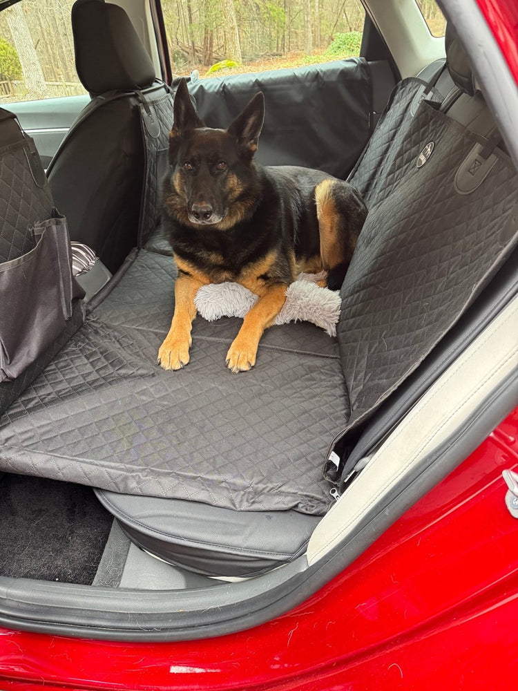 A German Shepherd lying on a flat black Team K9 seat cover in the back of a red car