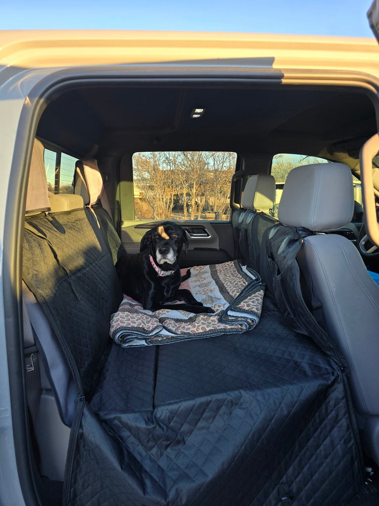 An older black dog with a gray muzzle sitting on a blanket on a black Team K9 hard bottom seat cover in a truck