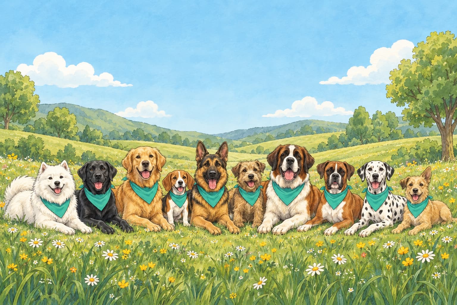 Illustration of ten dogs of different breeds sitting together in a sunny meadow, each in a teal bandana
