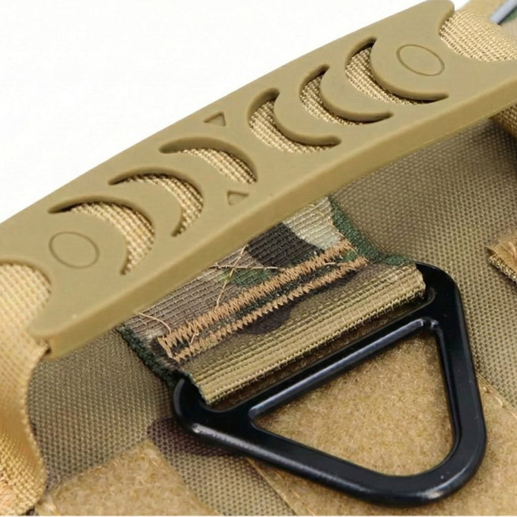 Close view of a box-stitched leash ring and the top handle on a Team K9 tactical harness