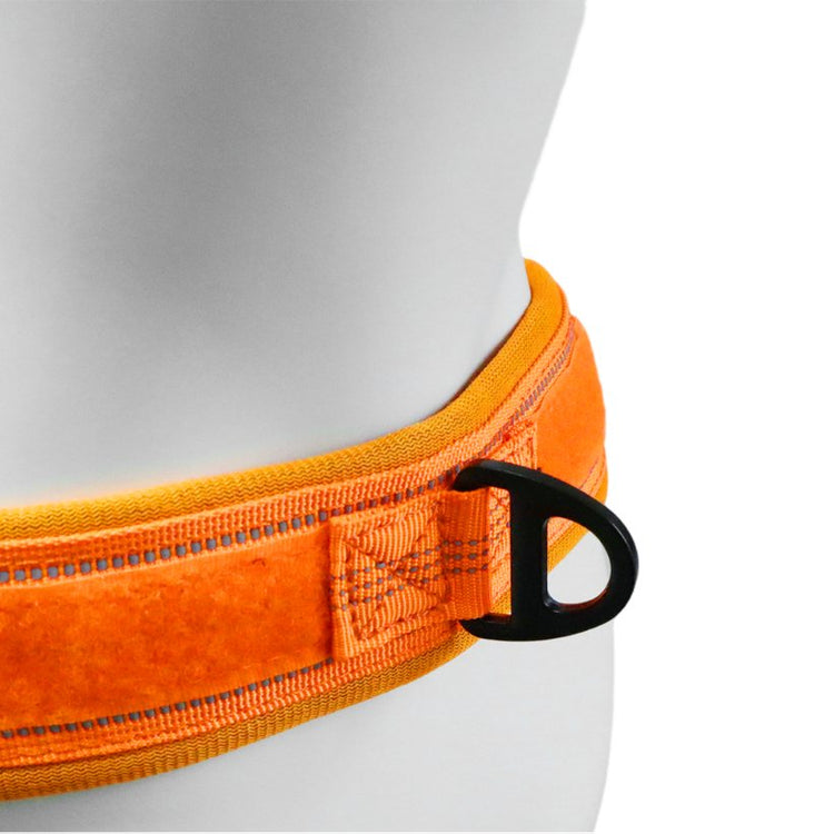 Close view of the box-stitched leash ring on a Blaze Orange Team K9 lightweight harness