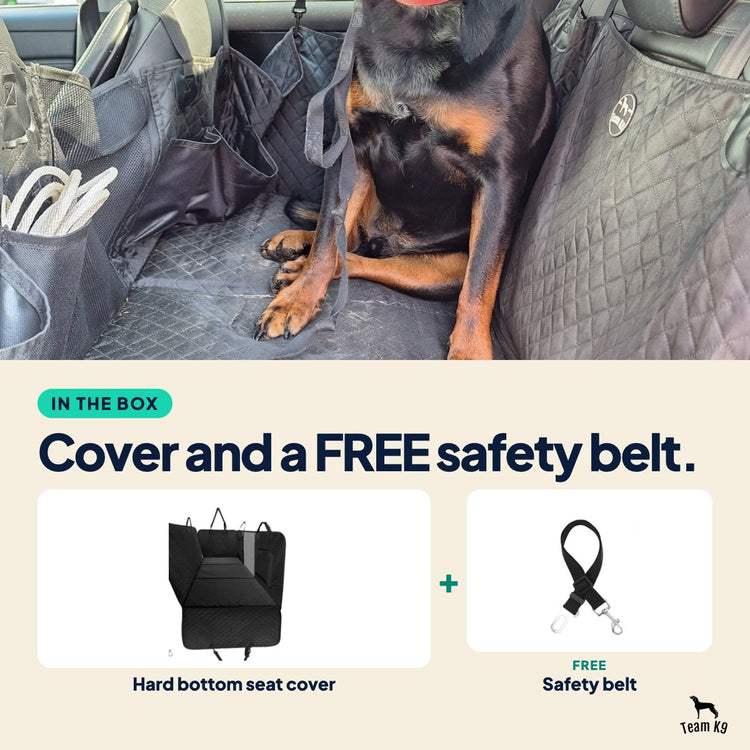 In the box card: the hard bottom seat cover plus a free safety belt, under a photo of a Rottweiler sitting on the cover