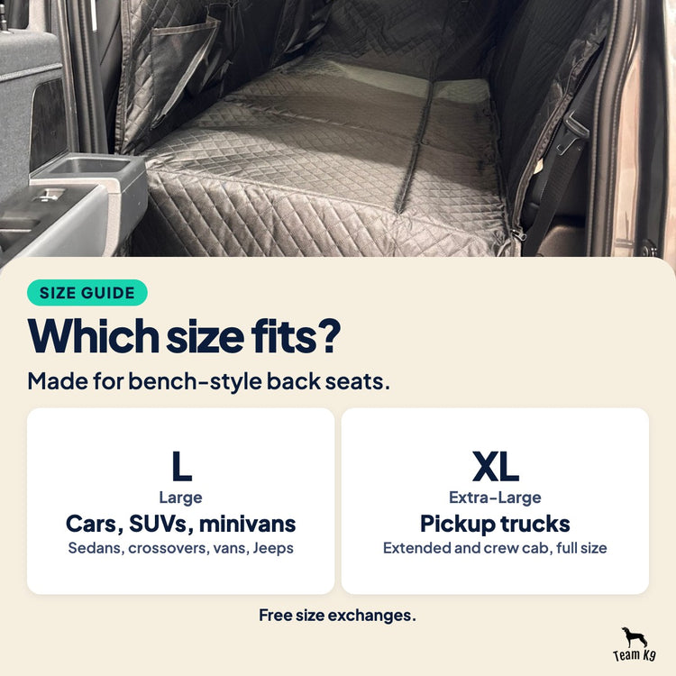 Size guide card over a photo of the cover in a truck: Large for cars, SUVs and minivans; Extra-Large for full-size pickup trucks; free size exchanges