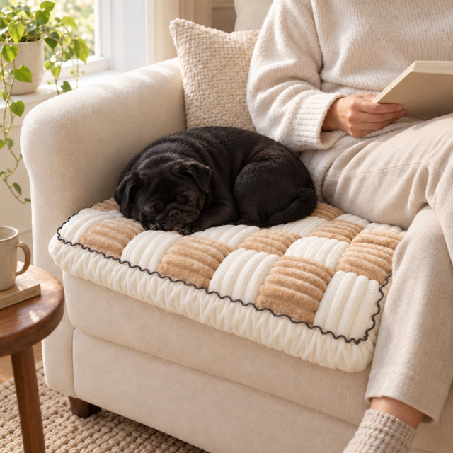 A black Pug curled up asleep on a Beige Team K9 cover on an armchair