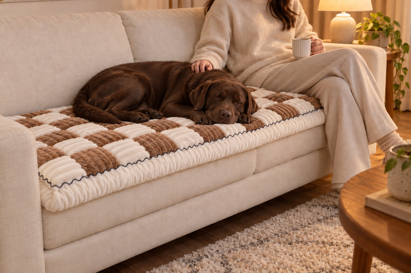 A chocolate Labrador asleep on a Brown Team K9 couch cover beside its owner