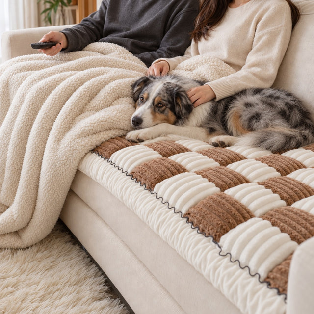 An Australian Shepherd resting on a Brown Team K9 couch cover between two people under a blanket