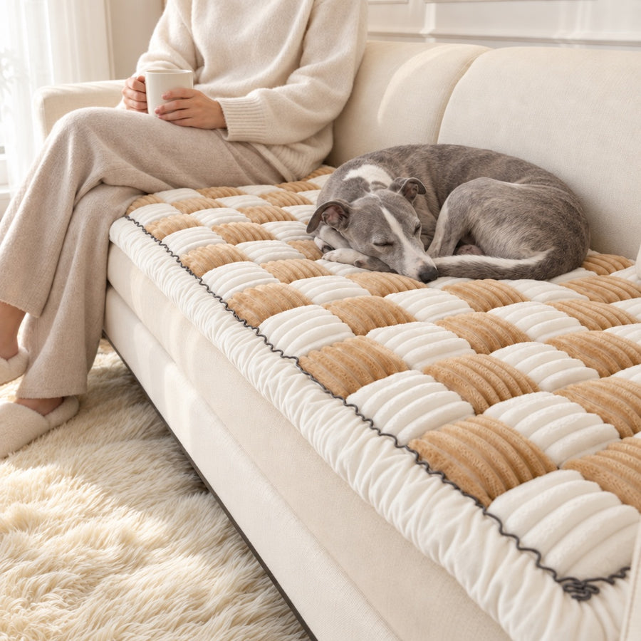 A Whippet curled up asleep on a Beige Team K9 couch cover on a cream sofa