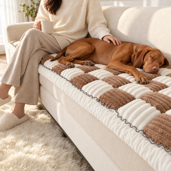 A Vizsla asleep on a Brown Team K9 couch cover while its owner strokes its back