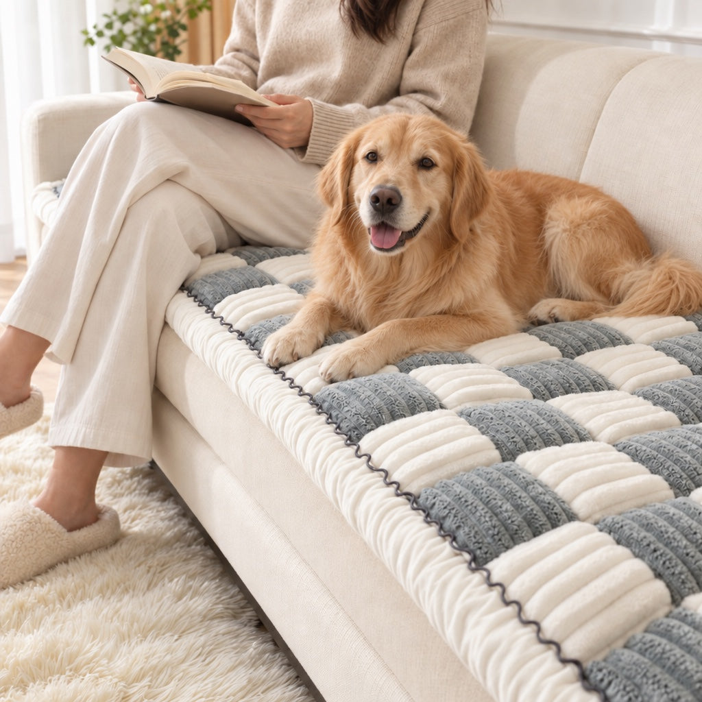 A dog resting on a Team K9 couch cover in the chosen color on a cream sofa