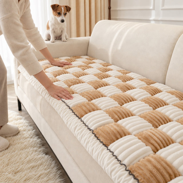 Hands laying a Beige Team K9 couch cover on a sofa seat while a Jack Russell Terrier watches
