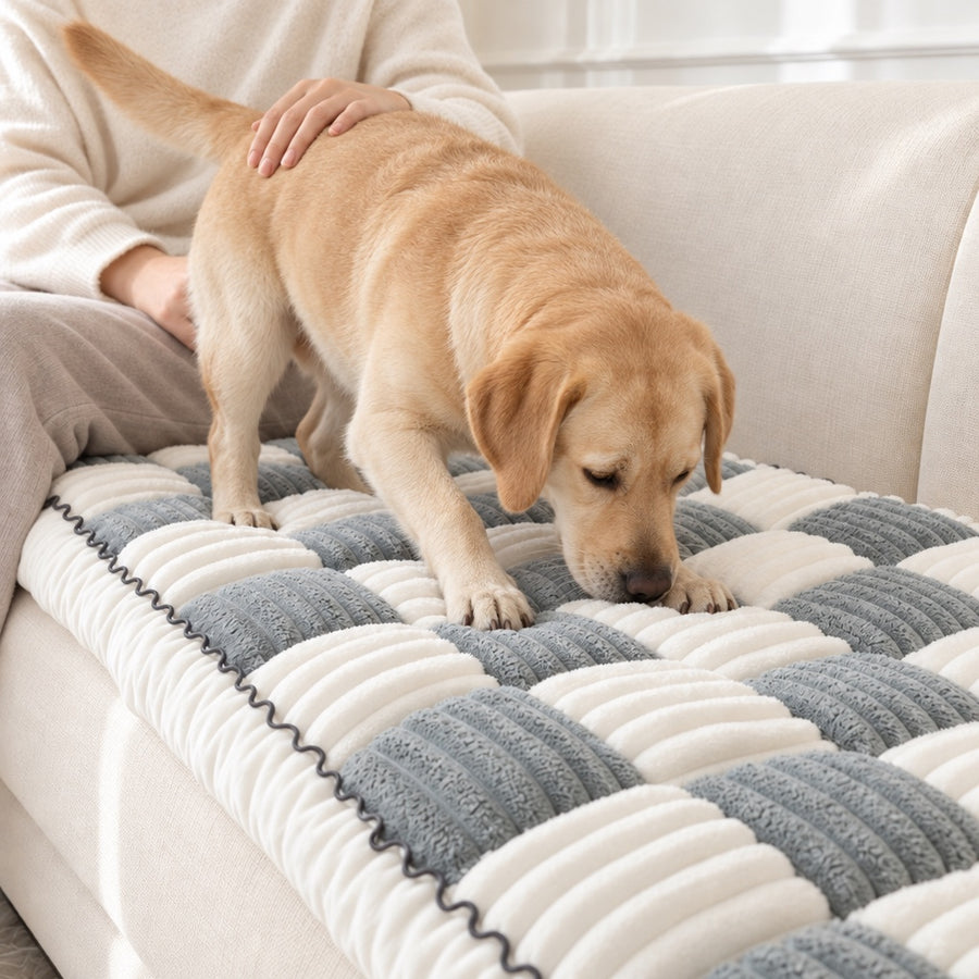 A yellow Labrador stepping onto a Gray Team K9 couch cover, its owner’s hand on its back
