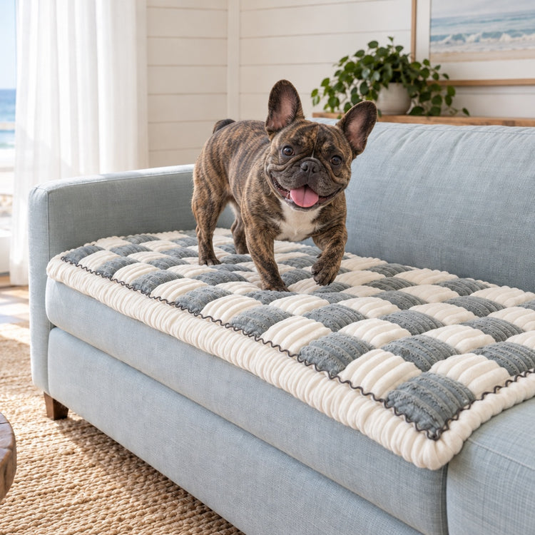 A French Bulldog stepping onto a Gray Team K9 couch cover on a light blue sofa