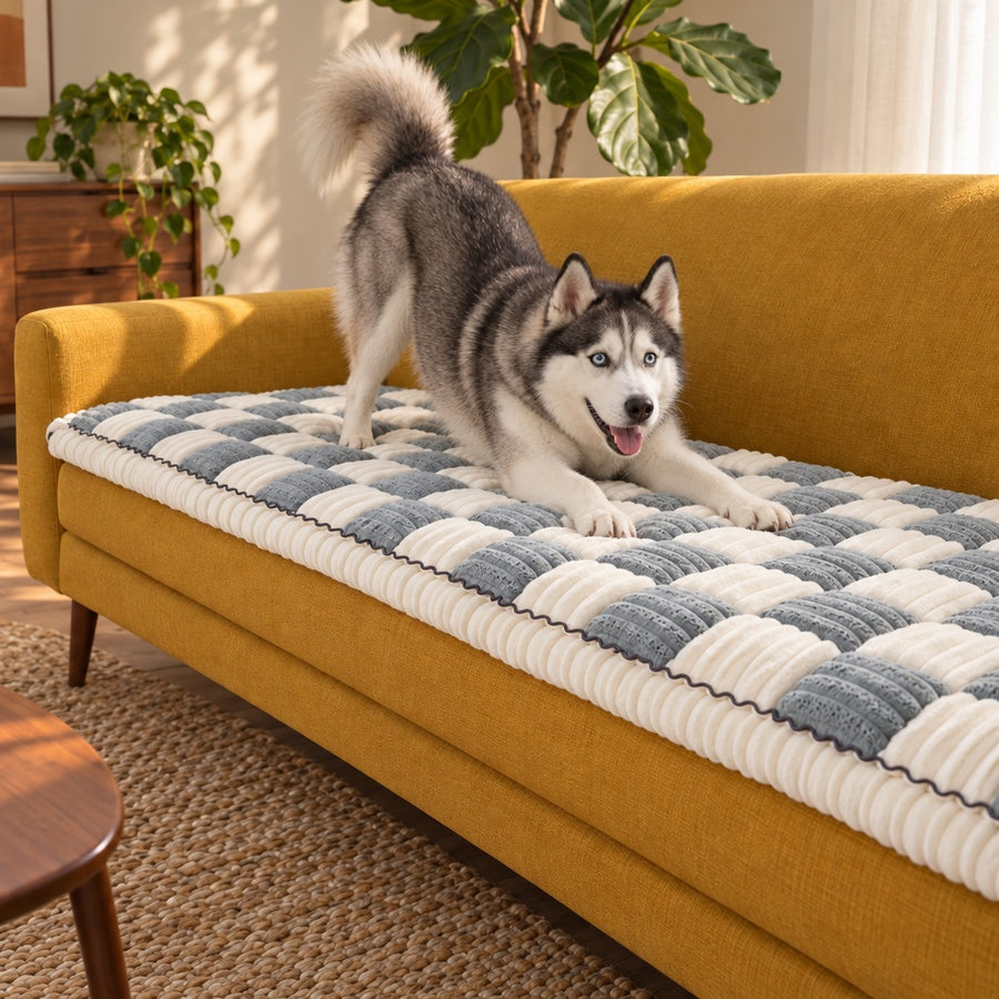 A Siberian Husky stretching with its paws on a Gray Team K9 couch cover on a mustard sofa