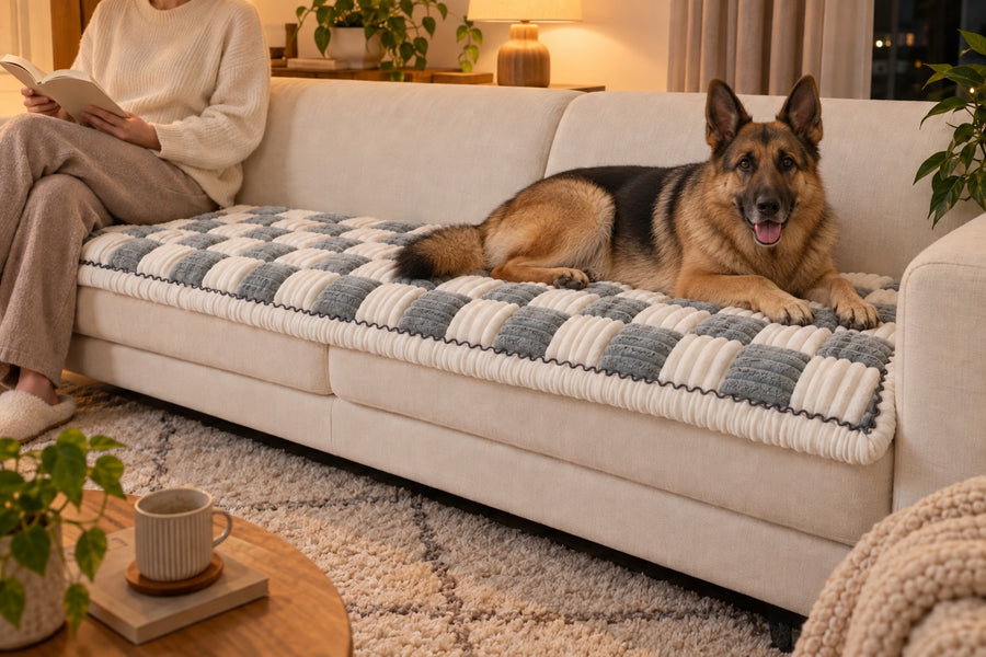 A German Shepherd lying on a long Gray Team K9 couch cover on a cream sofa