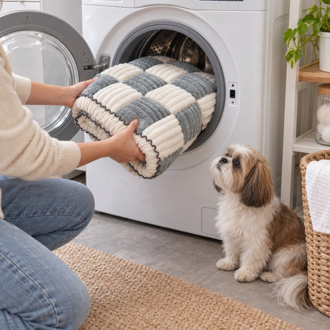A Gray Team K9 couch cover going into a washing machine while a Shih Tzu watches