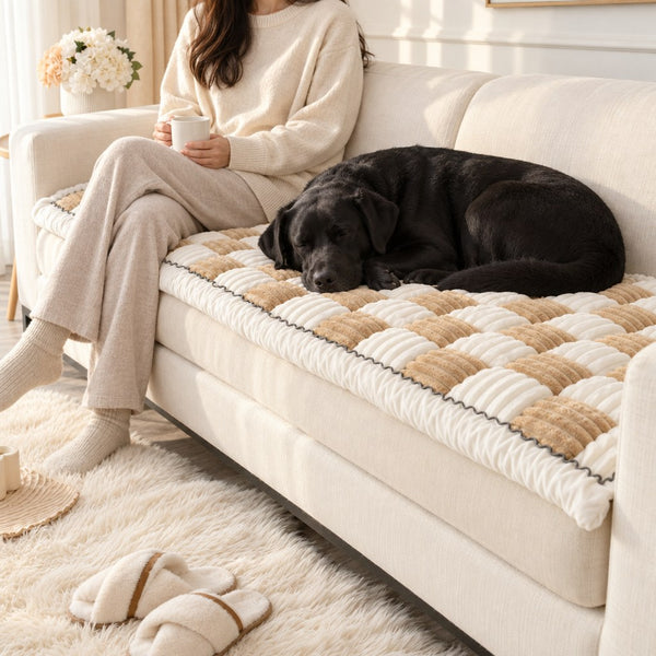 A black Labrador asleep on a Beige Team K9 couch cover on a cream sofa