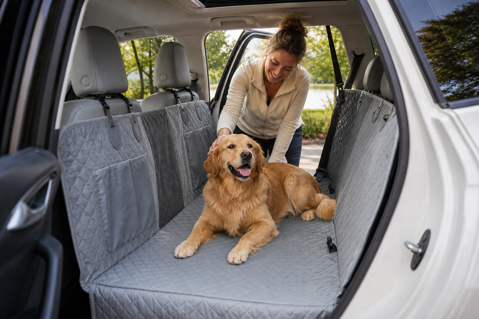 Dog riding in a clean Team K9 hard-bottom car seat cover setup