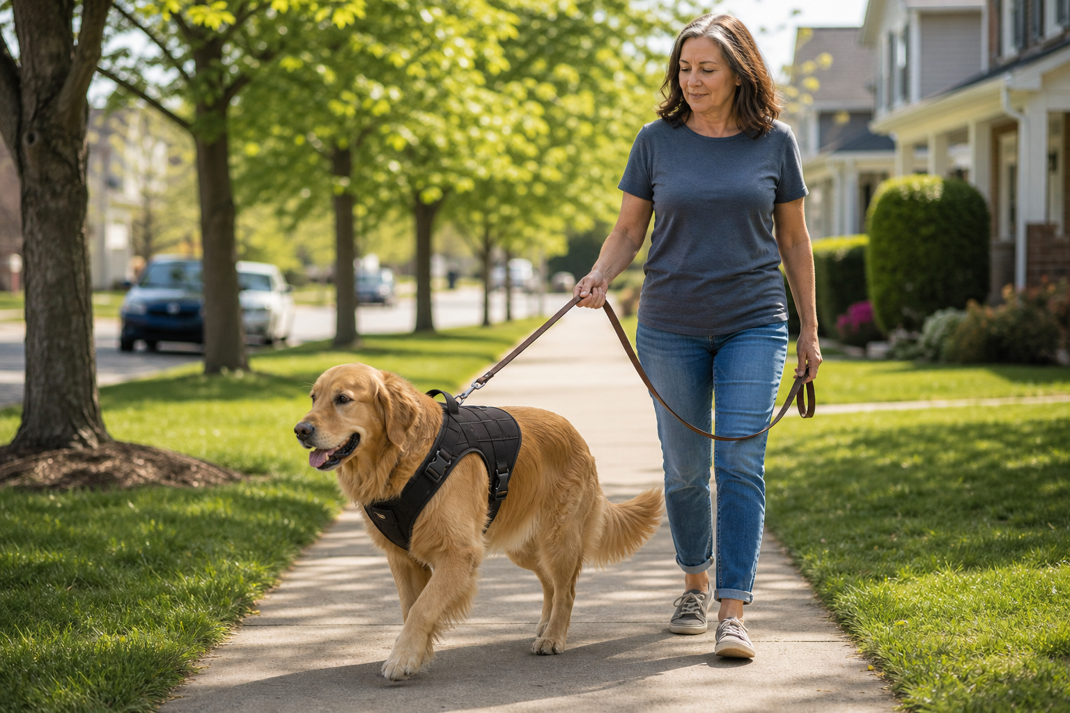 Dog walking on a neighborhood sidewalk in a black Team K9 all-metal tactical harness