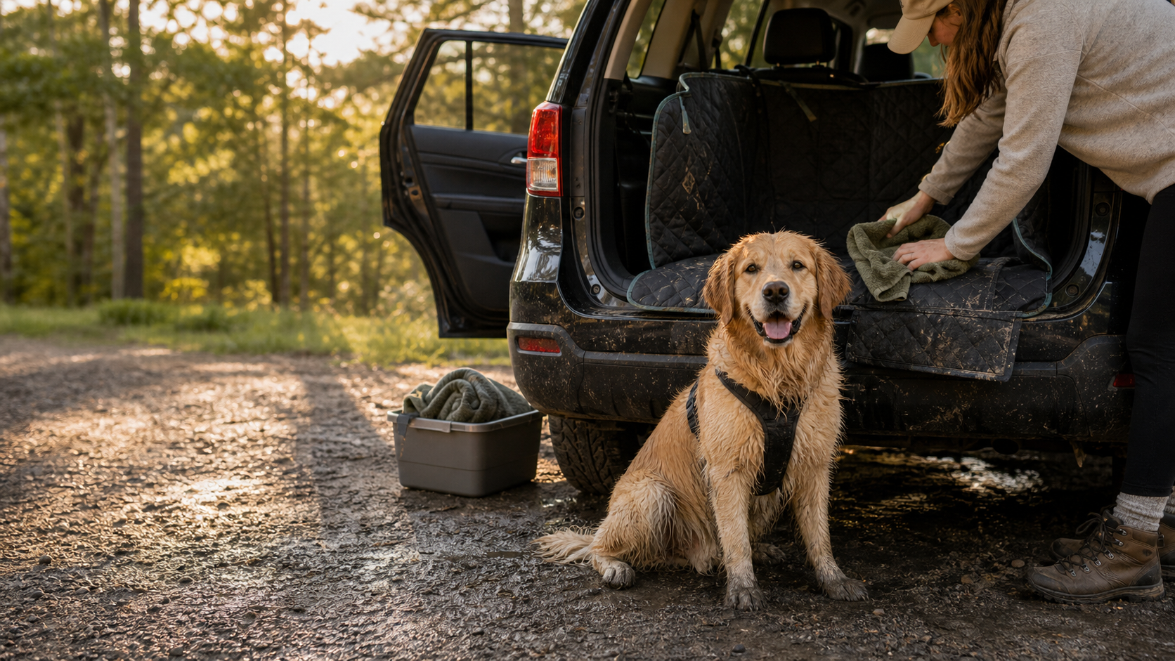 Muddy dog sitting beside an open SUV after an outdoor trip