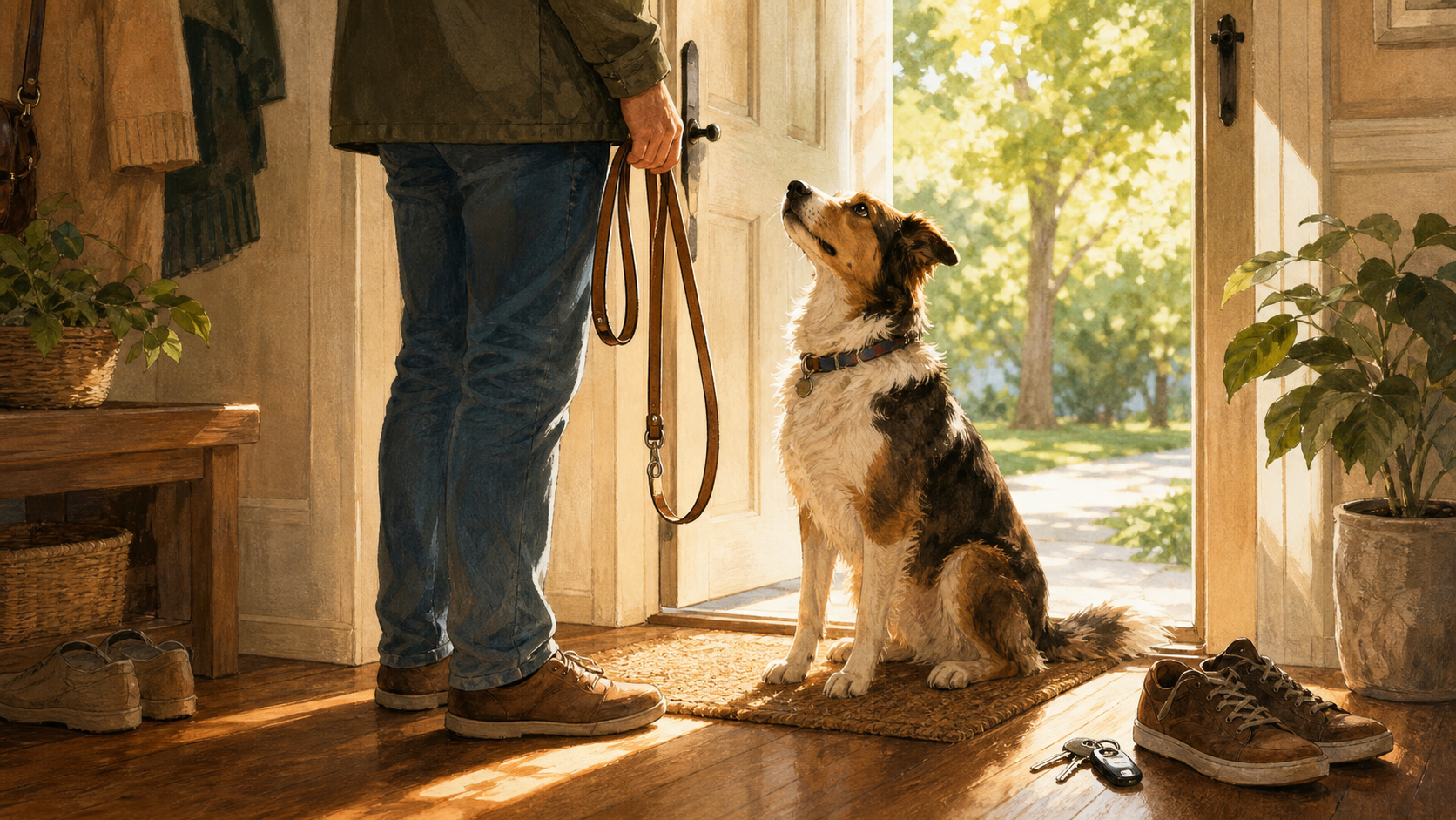 Dog waiting calmly by the front door while its owner holds a leash