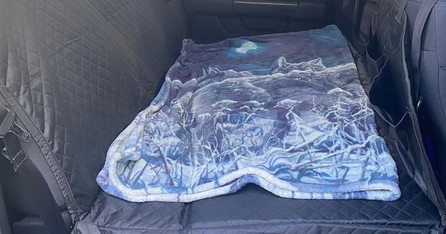 Reviewer's camo bed on the black hard bottom cover
