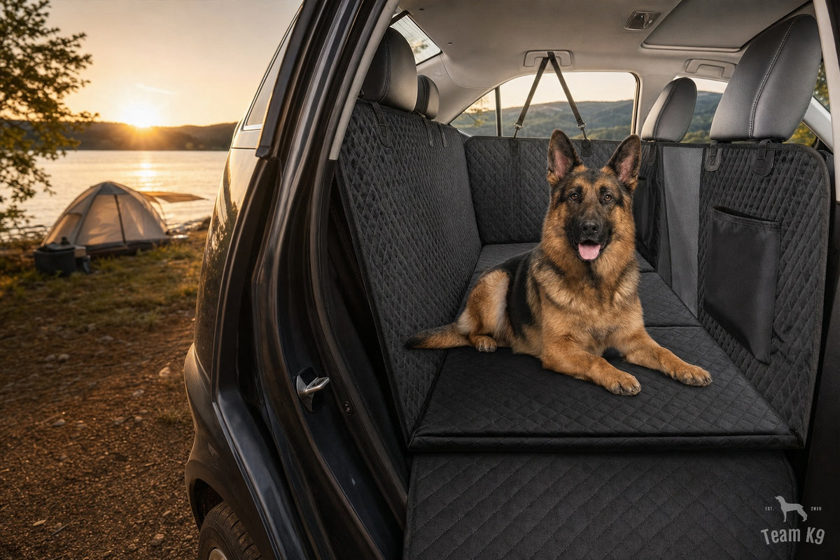 German Shepherd resting on the Team K9 hard bottom seat cover in an SUV