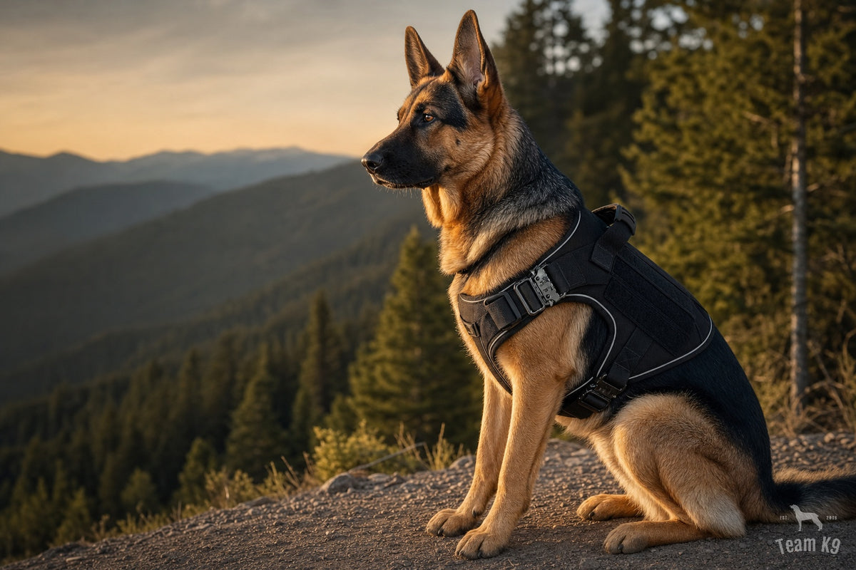 German Shepherd wearing the Team K9 tactical harness on a mountain trail